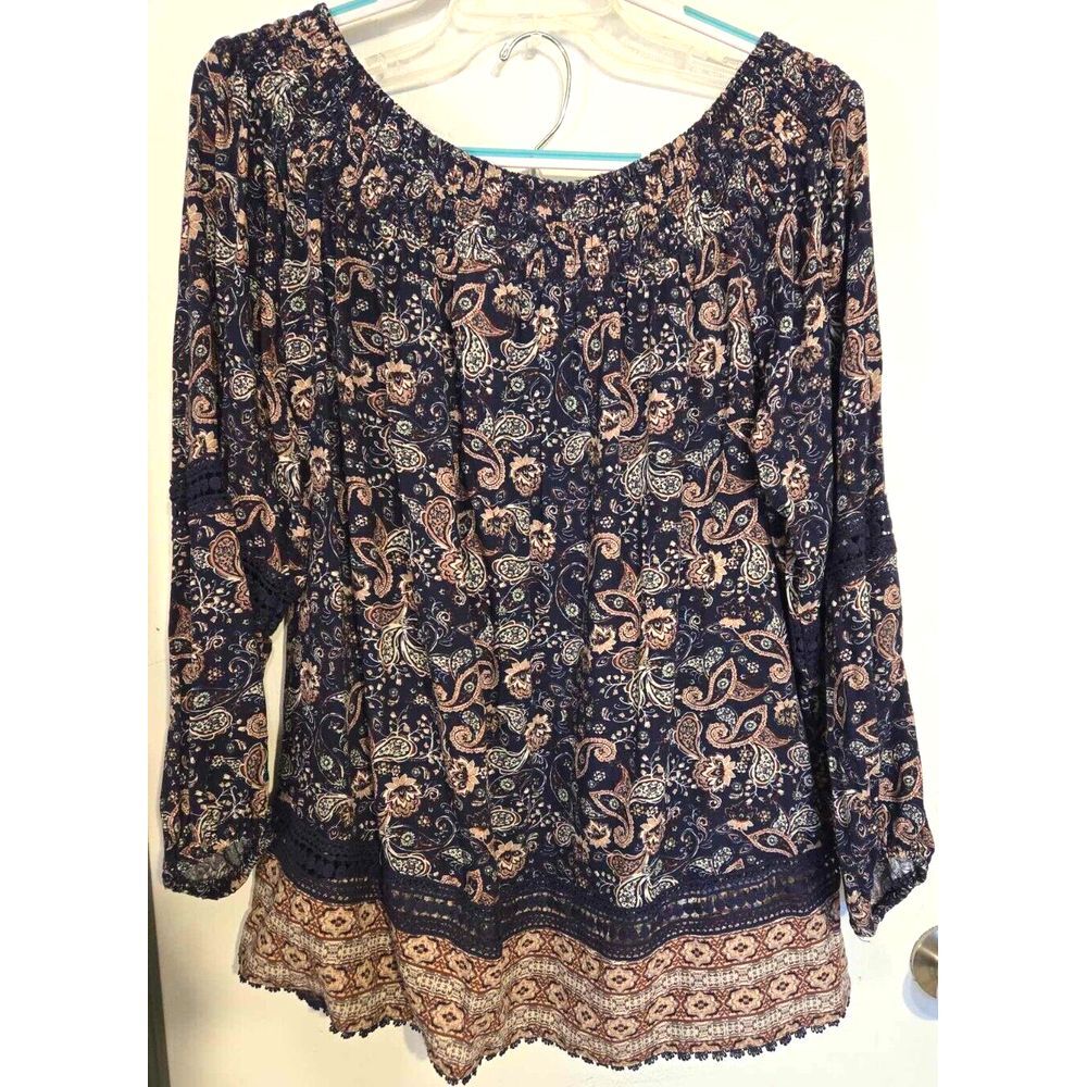 Knox Rose Blouse Womens XXL Dark Blue Paisley Floral Long Sleeve Boho Blouse